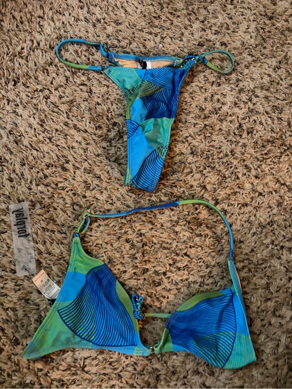 Yandy Blue & Green Patterned Triangle Bikini Set